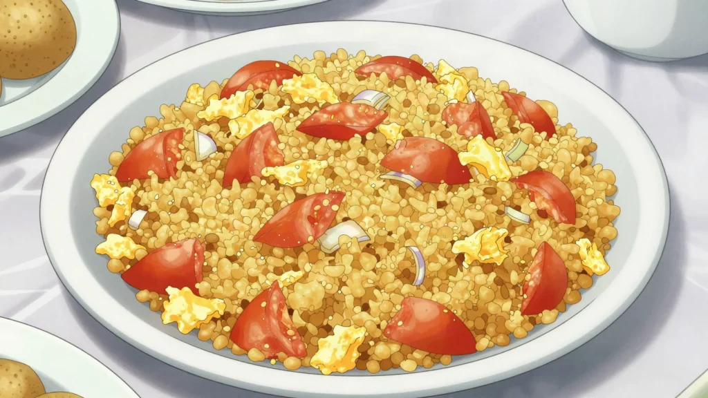 Gari foto, gari fried with tomato, onion and egg into a moist orange dish, Togo main, anime style