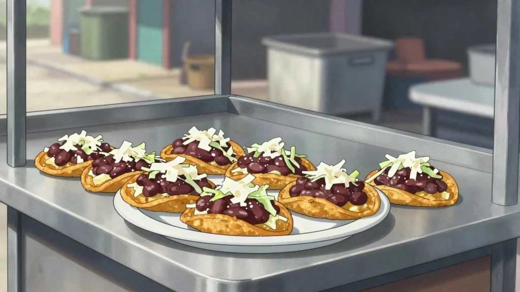 Garnaches, fried tortillas topped with beans, cabbage, and cheese, Belize street food, anime style