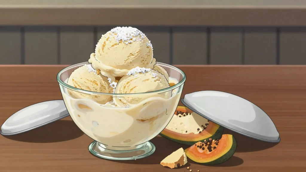 Gelado de múcua, creamy ice cream made from baobab fruit, Angola dessert, anime style