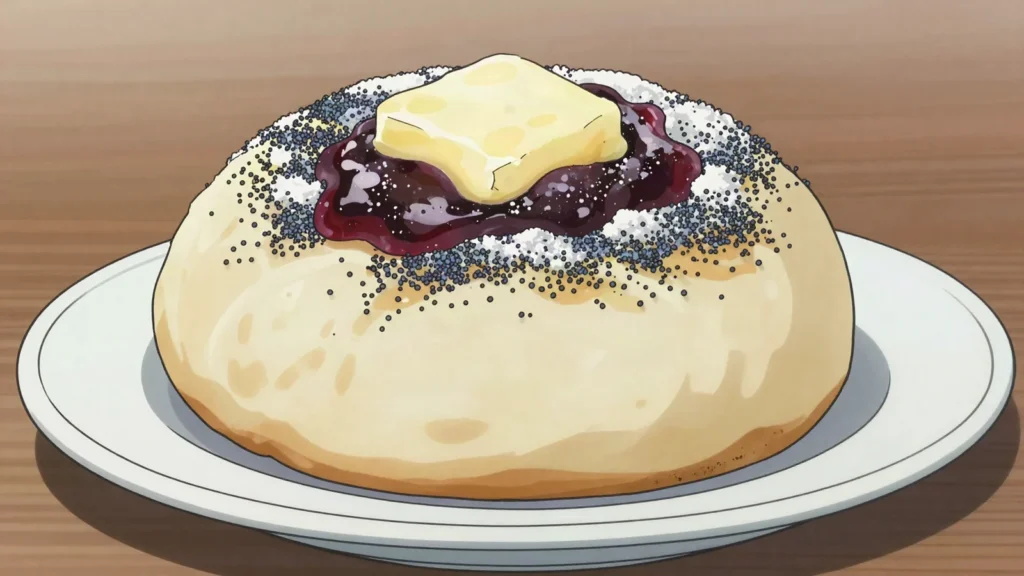 Germknödel, steamed yeast dumpling filled with plum jam under poppy seed and butter, Austria dessert, anime style