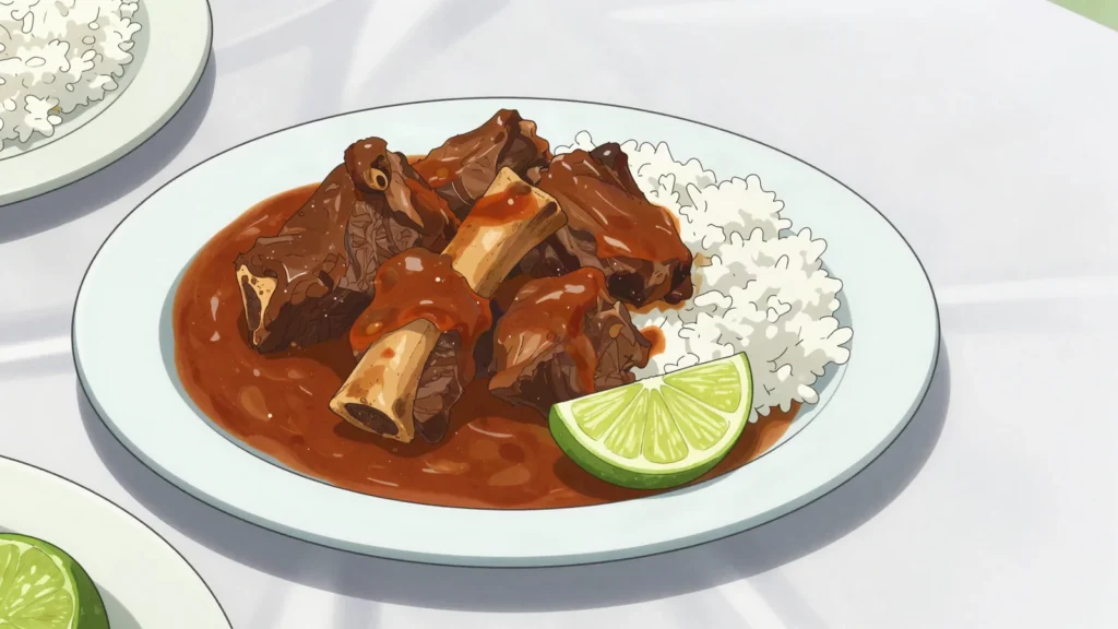 Gibnut, stewed lowland paca, dark gamey bush meat with recado and rice, Belize main, anime style