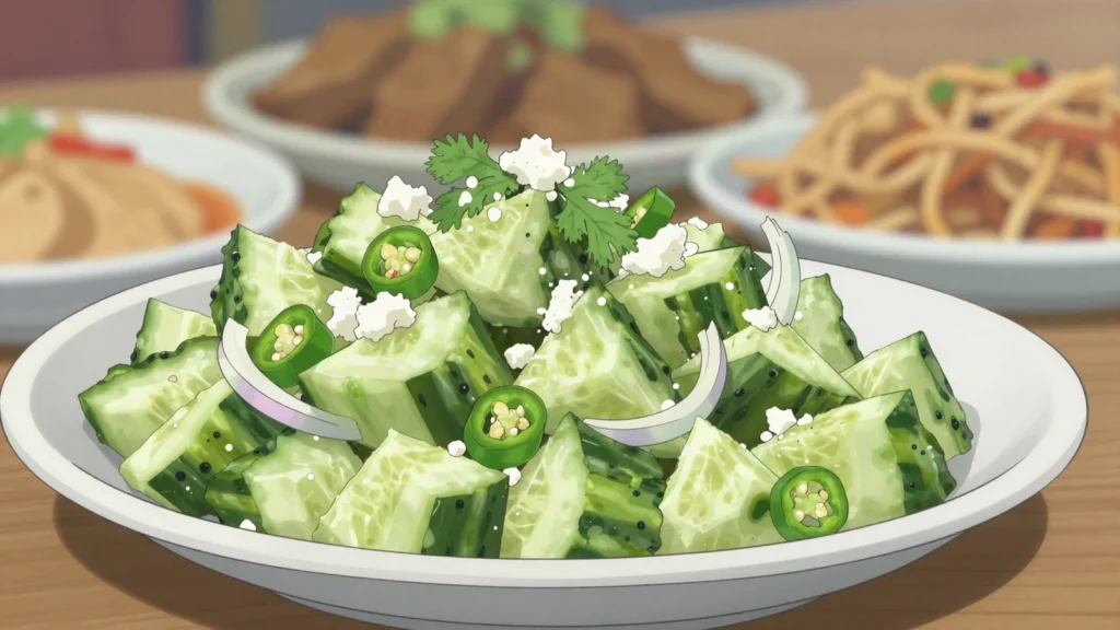 Goen Hogay, cucumber salad with chilli, onion, coriander and crumbled datshi cheese, Bhutan salad & side, anime style