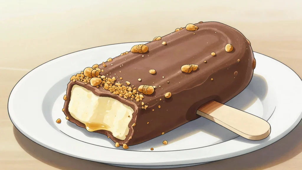 Golden Gaytime, toffee and vanilla ice cream bar coated in chocolate and biscuit crumbs, Australia dessert, anime style
