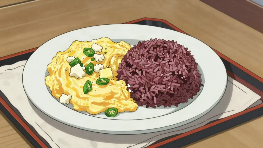 Gondo Maru, eggs scrambled in butter with fresh cheese and chilli, eaten with red rice, Bhutan breakfast, anime style