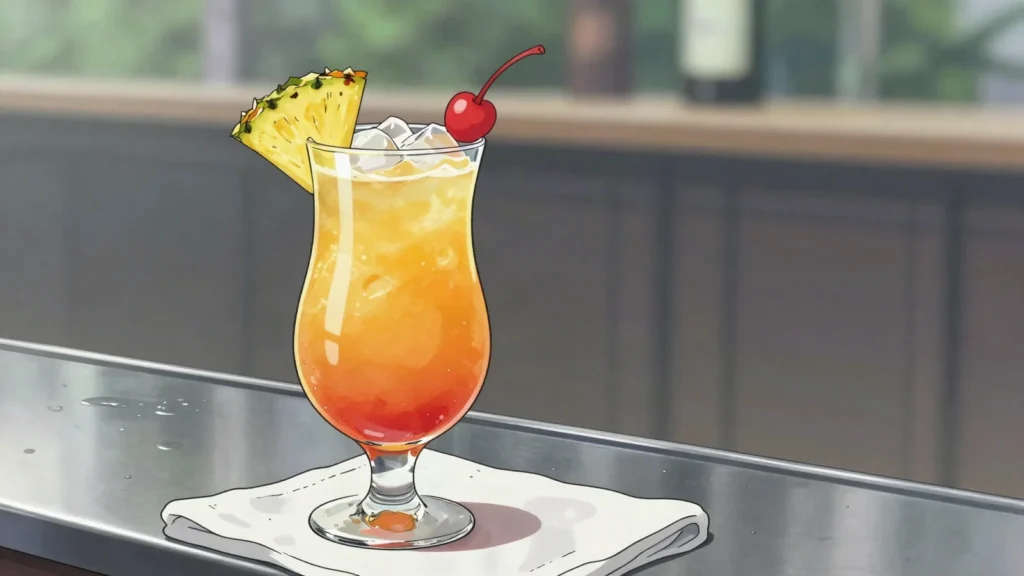 Goombay Smash, coconut rum, pineapple and juices in a tall, deceptively strong glass, Bahamas cocktail, anime style