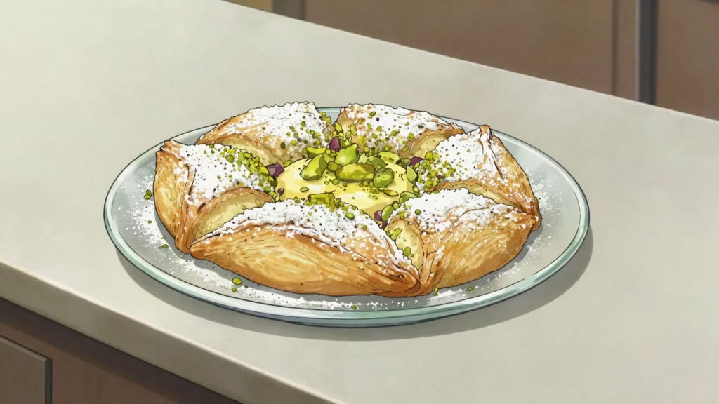 Gosh-e Fil, crisp elephant-ear pastry dusted with powdered sugar and ground pistachio, Afghanistan dessert, anime style