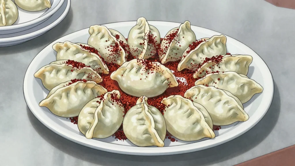 Gurza, small pinched dumplings of minced lamb, left open at one end, Azerbaijan main, anime style