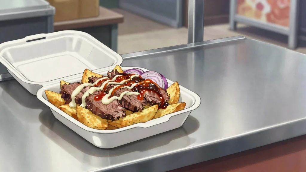 Halal Snack Pack, chips topped with doner meat and garlic, chilli and barbecue sauces, Australia street food, anime style