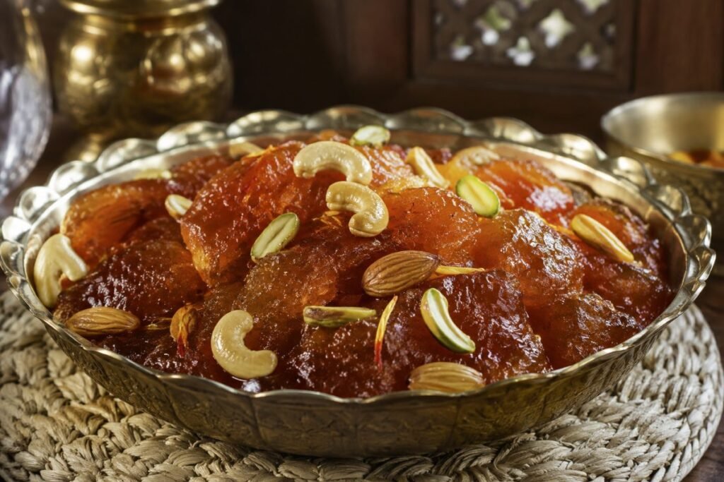 Halwa Bahraini, gelatinous saffron-cornstarch sweet with nuts, made since the 1850s, Bahrain dessert, anime style