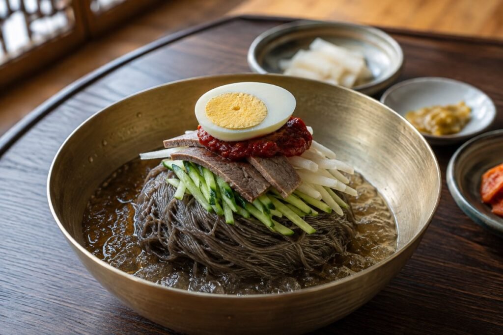 Hamhung Naengmyeon, extra-chewy potato-starch noodles in fiery sauce, often topped with raw, North Korea main, anime style