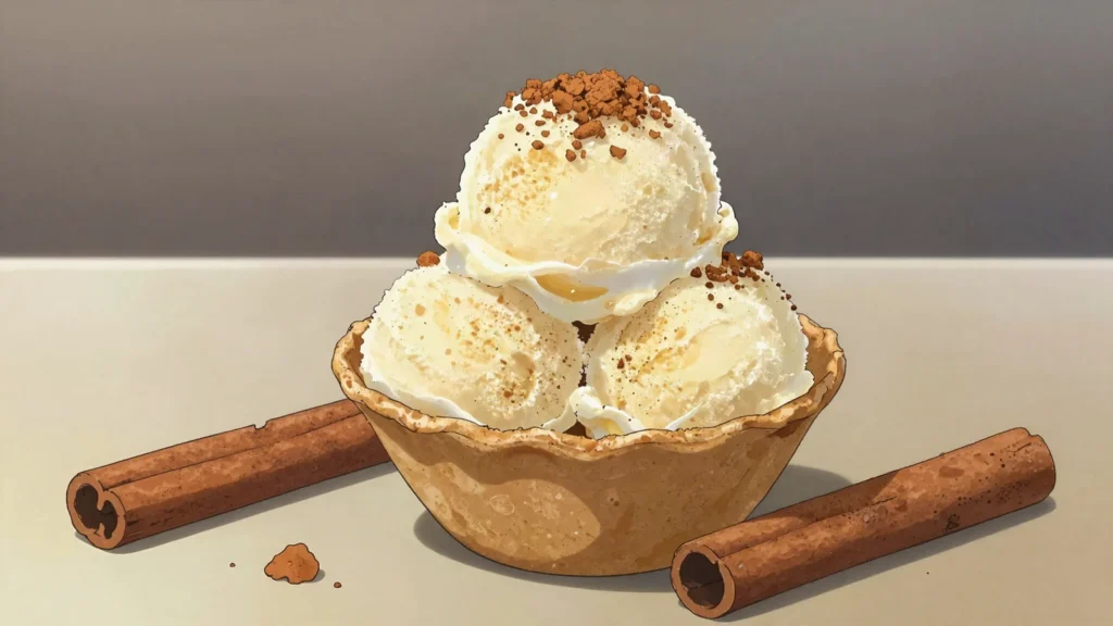 Helado de canela, cinnamon water ice churned in metal pans, sold in wafer cones, Bolivia dessert, anime style
