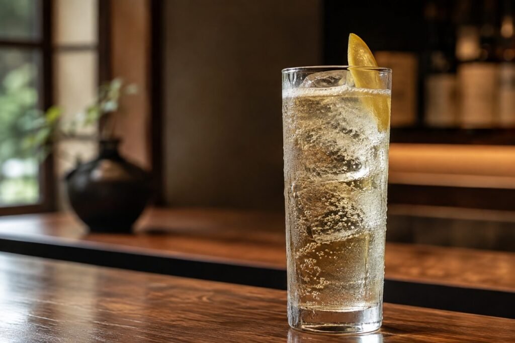Highball, whisky and cold soda over ice, the default first drink at izakaya, Japan cocktail, anime style