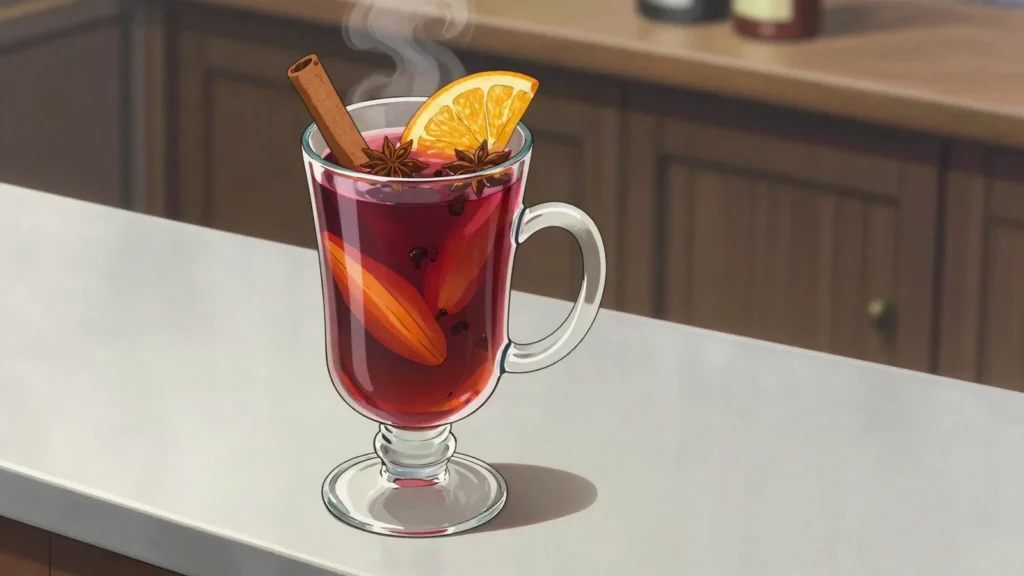 Hlintvein, red wine simmered with honey, cloves and orange, sold in mugs, Ukraine cocktail, anime style