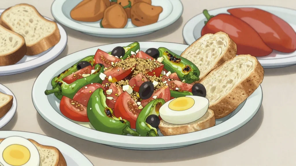 Hmiss, grilled pepper, tomato and garlic salad cooled and dressed with olive oil, Algeria salad & side, anime style