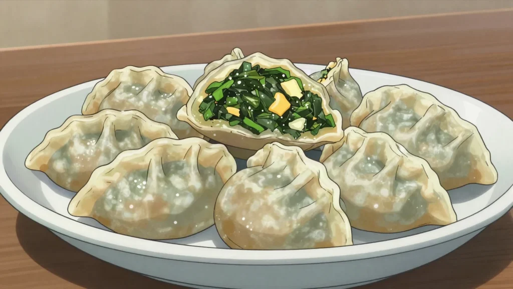 Hoentay, haa Valley buckwheat dumplings stuffed with turnip greens and cheese, Bhutan snack, anime style