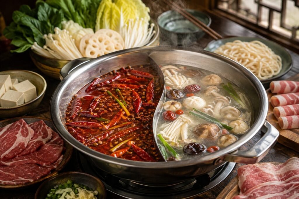 Hot Pot, communal bubbling broth, often Sichuan-spicy, for cooking sliced meats, tofu and vegetables, China main, anime style