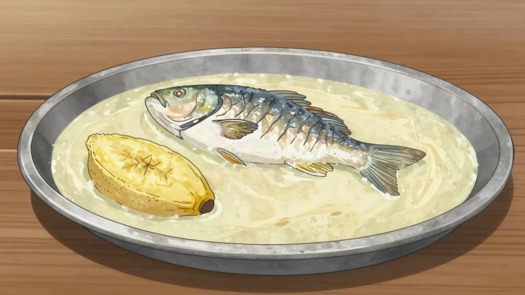 Hudut, garifuna coconut fish stew with mashed plantains, Belize main, anime style