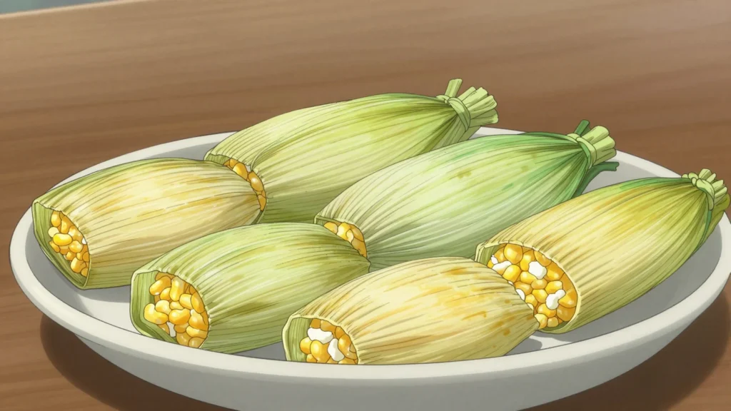 Humintas, fresh corn dough with cheese steamed in husks, Bolivia snack, anime style
