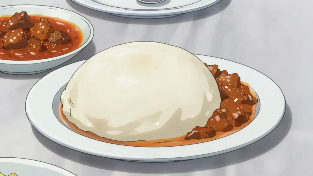 Igname pilée, festive pounded yam with peanut or tomato sauces, Benin main, anime style
