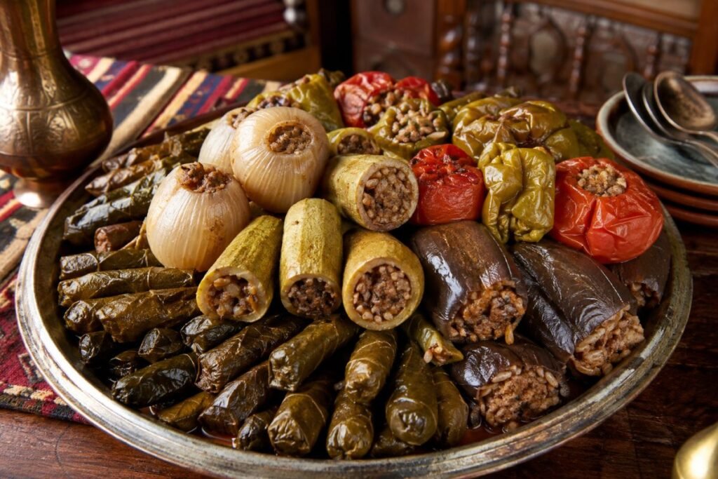 Iraqi dolma, vegetables and vine leaves stuffed with rice and meat, pomegranate-soured, Iraq main, anime style