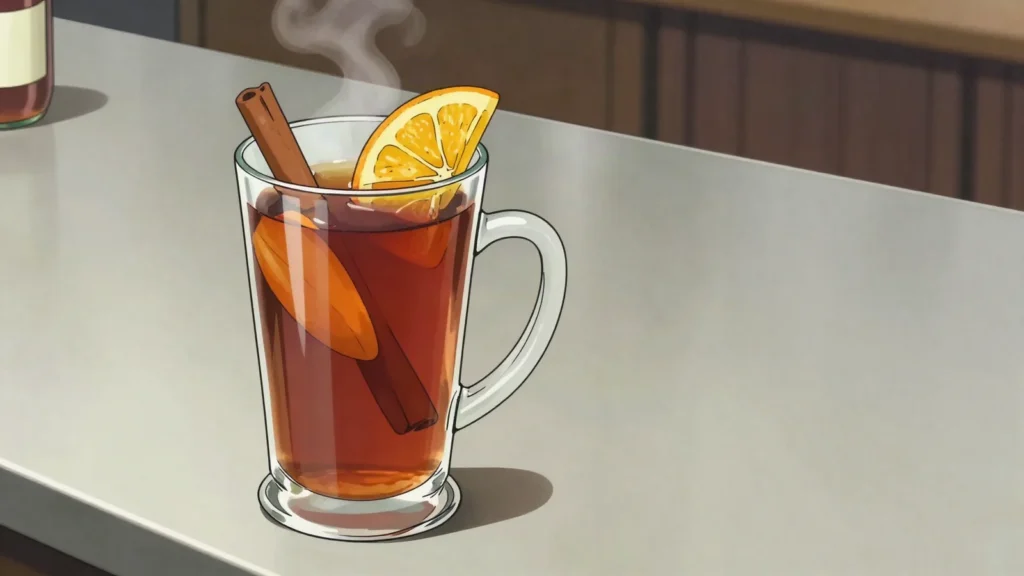 Jagertee, hot black tea with overproof rum, spices and sugar, Austria cocktail, anime style