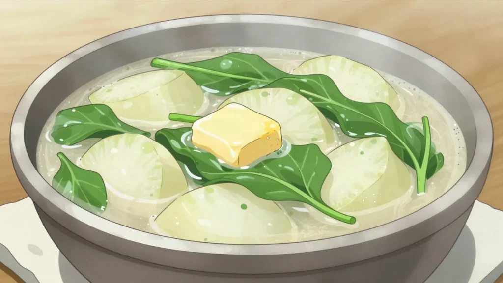 Jaju, milk and butter soup with turnip or spinach, mild against the national chilli heat, Bhutan soup & stew, anime style