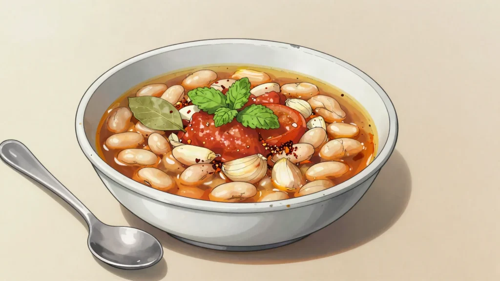 Jani me fasule, olive-oil white bean stew, everyday comfort, Albania soup & stew, anime style