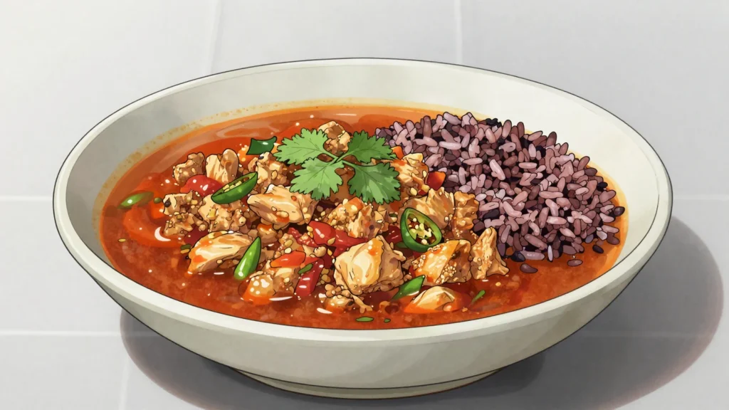 Jasha Maru, minced chicken stew with ginger, tomato and chili, Bhutan soup & stew, anime style