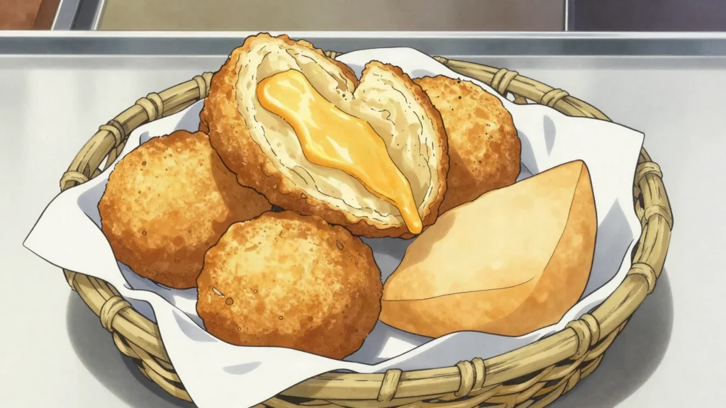 Johnny cakes, fried dough rounds eaten with saltfish or cheese, Saint Kitts and Nevis bread & pastry, anime style