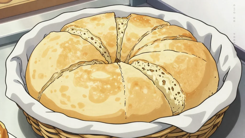 Johnnycake, slightly sweet dense pan bread, Bahamas bread & pastry, anime style