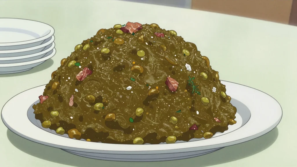 Jug jug, christmas dish of guinea corn and pigeon peas cooked with salt meat, Barbados main, anime style
