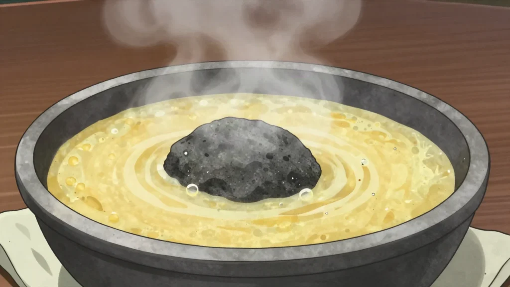 K'ala phurka, thick maize soup served with a fire-heated volcanic stone dropped in, Bolivia soup & stew, anime style
