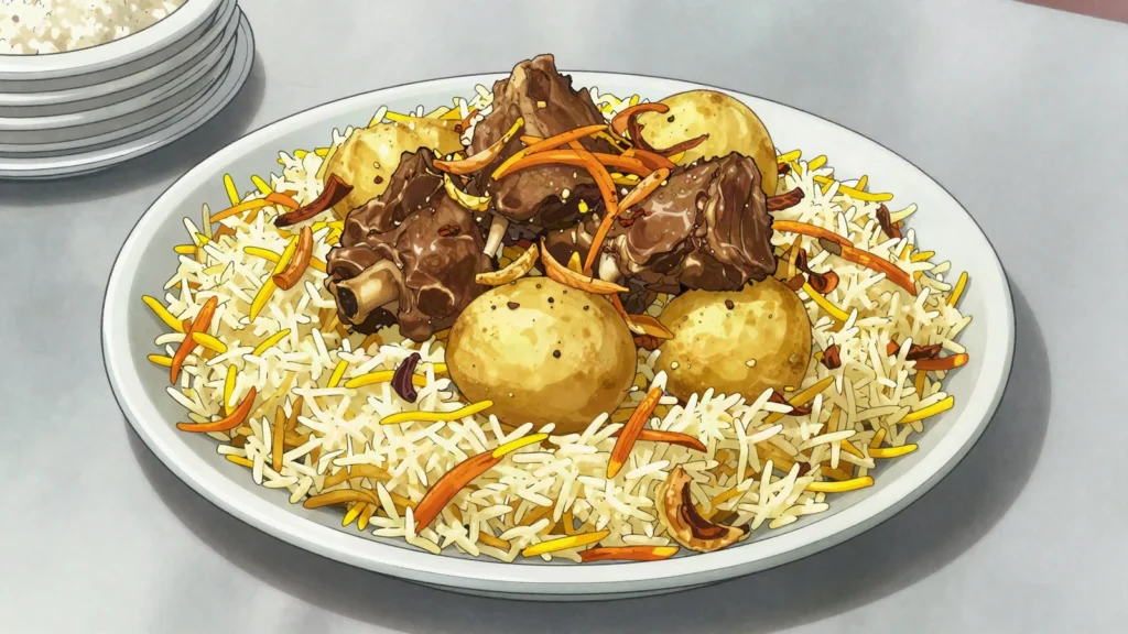 Kacchi Biryani, dhaka wedding biryani of raw marinated mutton layered with rice, Bangladesh main, anime style