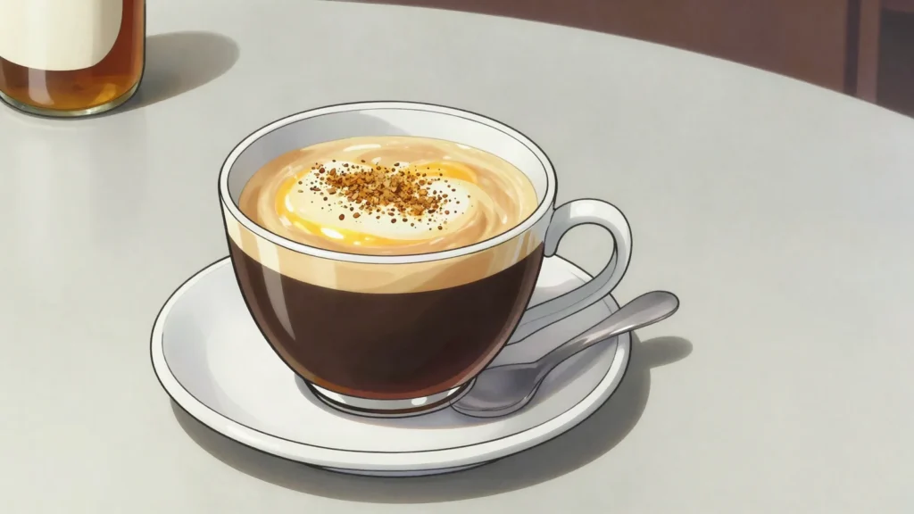 Kaisermelange, black coffee whisked with egg yolk, honey and brandy, Austria cocktail, anime style
