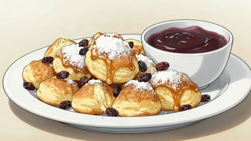Kaiserschmarrn, torn fluffy pancake with raisins, icing sugar, plum compote, Austria dessert, anime style