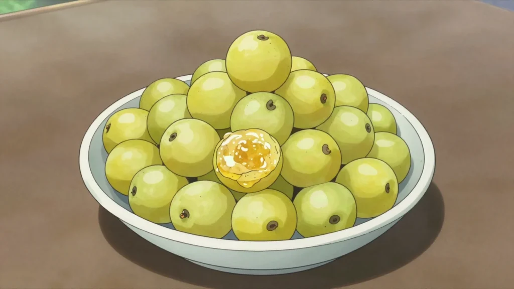 Kakadu Plum, tart green native fruit eaten fresh or made into jam and sauces, Australia snack, anime style