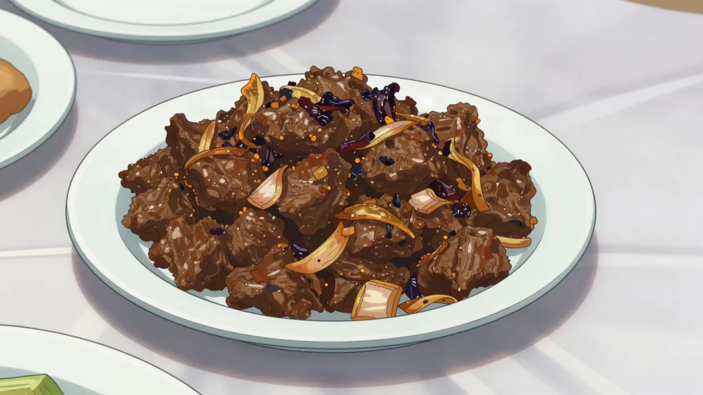 Kala Bhuna, beef fried down with onion and spice until almost black, dense and intense, Bangladesh main, anime style