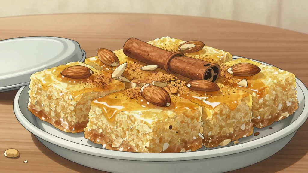 Kalb el louz, syrup-soaked semolina and almond squares, beloved during Ramadan, Algeria dessert, anime style