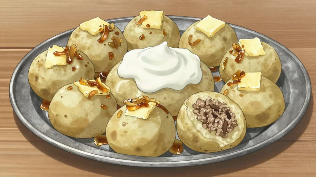 Kalduny, potato dumplings stuffed with minced meat, Belarus main, anime style