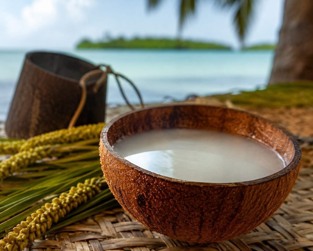 Kaleve, sweet coconut toddy collected morning and evening, the staple drink, Tuvalu drink, anime style
