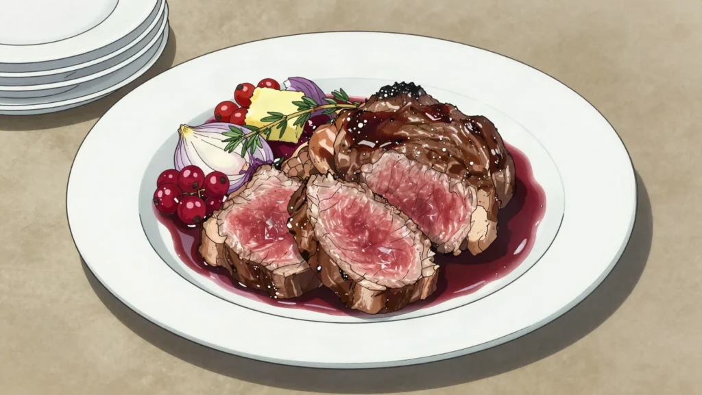 Kangaroo Steak, lean gamey native red meat, best grilled rare, Australia main, anime style