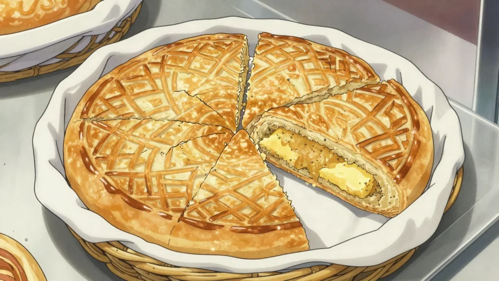 Kete, round pastry filled with sweetened butter-and-flour crumb, cut into wedges, Azerbaijan bread & pastry, anime style