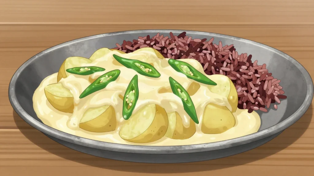 Kewa Datshi, potatoes simmered with cheese and chilies, Bhutan main, anime style