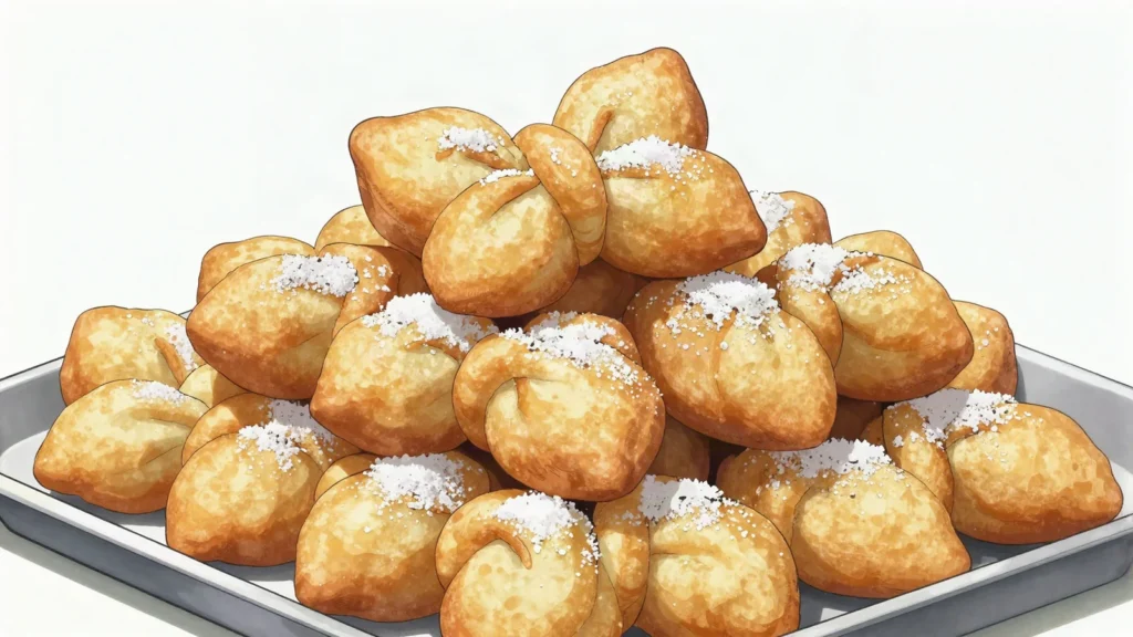 Khabzey, deep-fried wheat-flour twists and knots dusted with sugar, stacked for guests, Bhutan bread & pastry, anime style