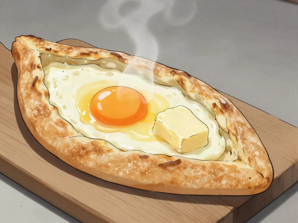 Khachapuri, molten cheese-filled bread; Adjarian boat version crowned with egg and, Georgia bread & pastry, anime style