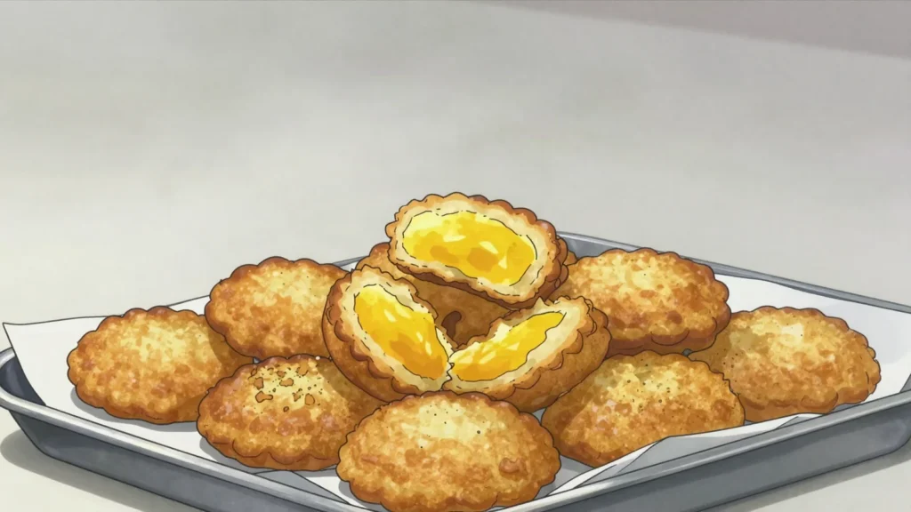 Khanfaroosh, small saffron and cardamom cakes fried crisp at the edges, United Arab Emirates dessert, anime style