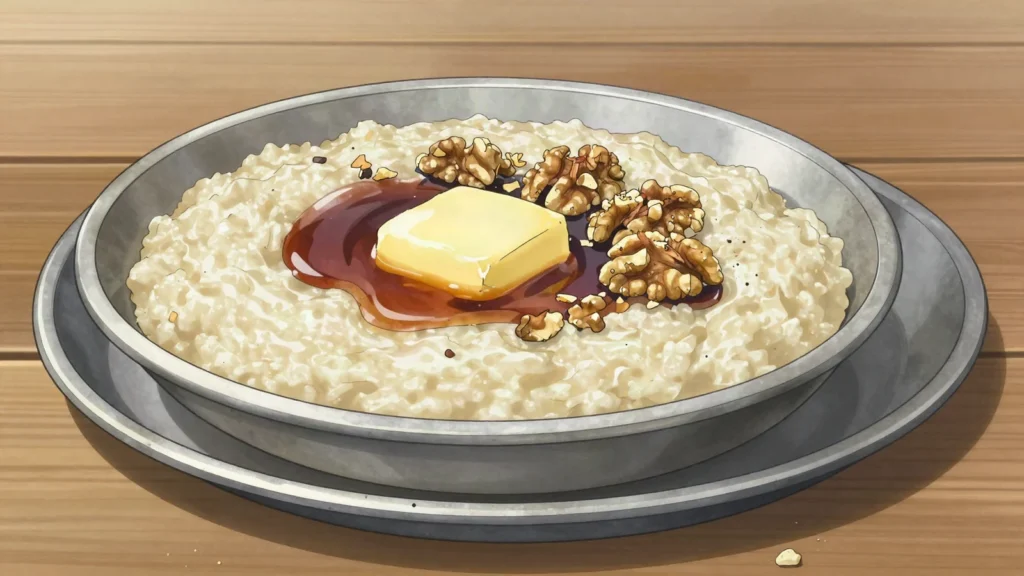 Khashil, thick wheat-flour porridge served with melted butter and dark grape syrup, Azerbaijan main, anime style