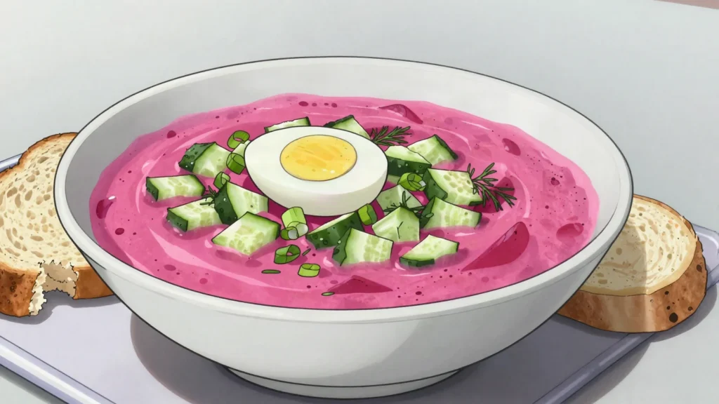 Kholodnik, cold beet soup with cucumber, egg, dill, Belarus soup & stew, anime style