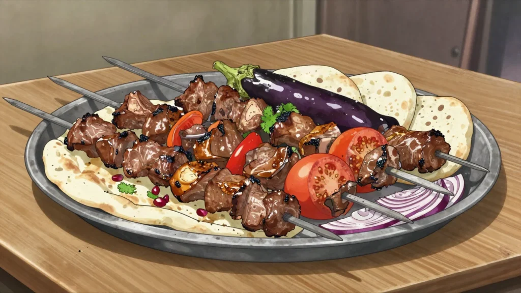 Khorovats, skewered pork or lamb barbecued over coals; national feast centerpiece, Armenia main, anime style