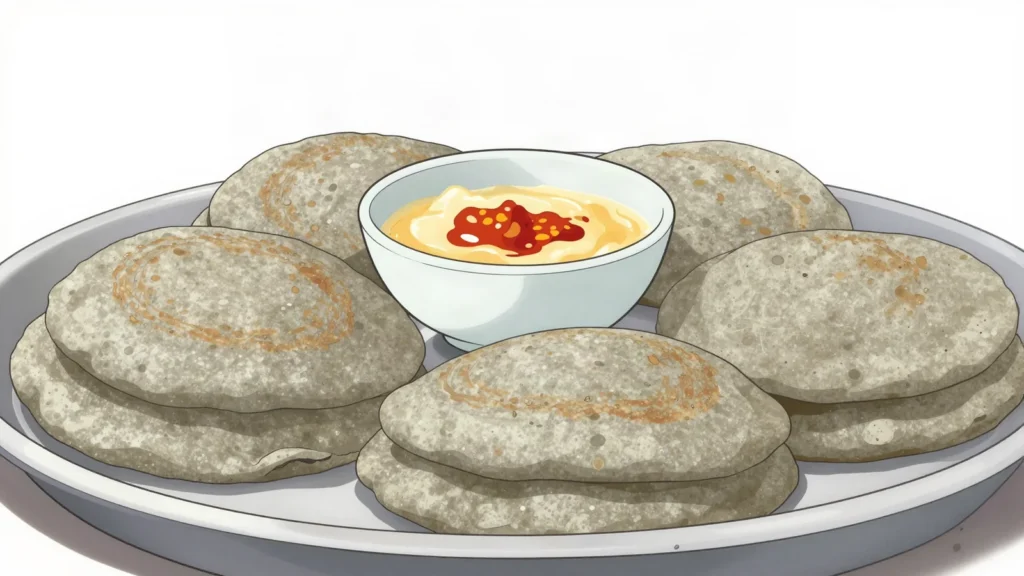 Khur-le, buckwheat or wheat pancake from Bumthang, eaten with cheese and chilli, Bhutan bread & pastry, anime style